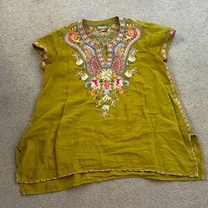 Johnny Was Mustard Tunic with Colorful Embroidery